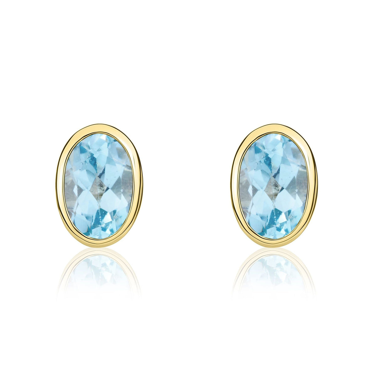 9ct Yellow Gold Oval Natural Swiss Blue Topaz Rubover Stud Earrings — 6x4mm