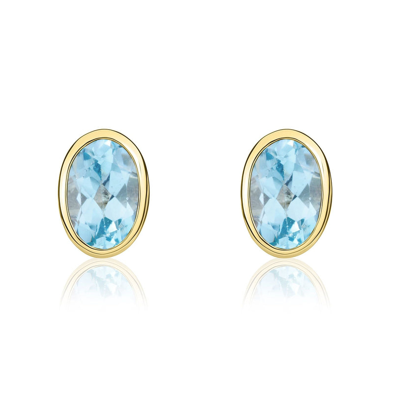 9ct Yellow Gold Oval Natural Swiss Blue Topaz Rubover Stud Earrings — 6x4mm