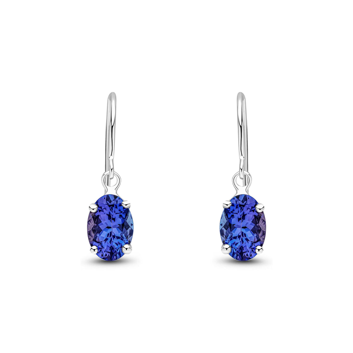 9ct White Gold Oval Natural Tanzanite Claw Hook Wire Drop Earrings — 7x5mm
