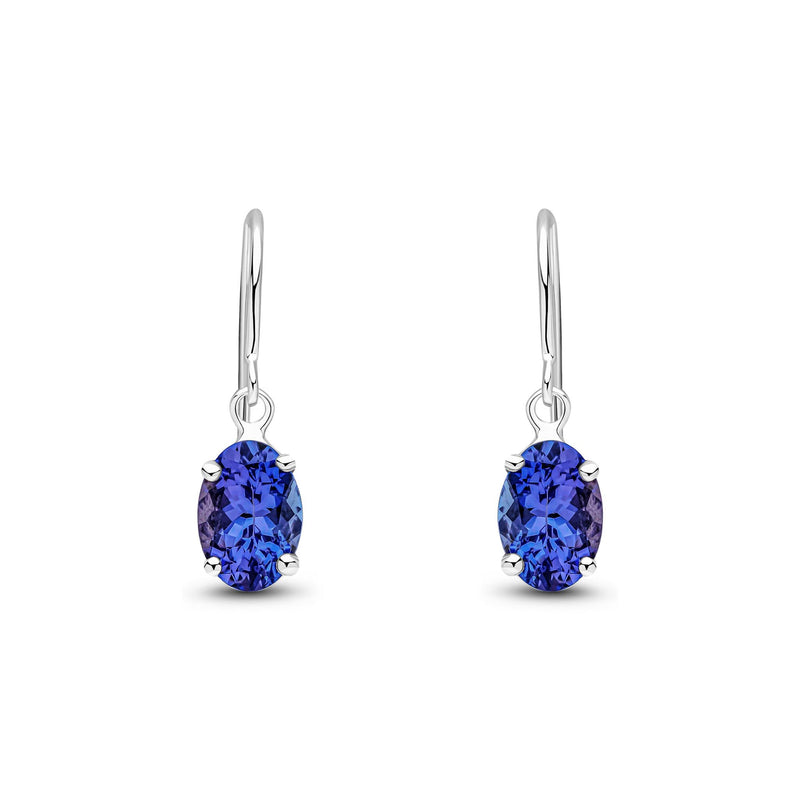 9ct White Gold Oval Natural Tanzanite Claw Hook Wire Drop Earrings — 7x5mm