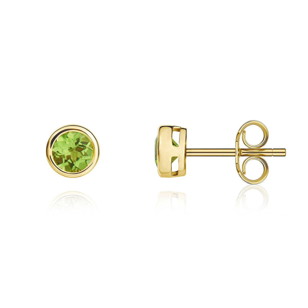9ct Yellow Gold Round Natural Peridot Rubover Stud Earrings — 4mm
