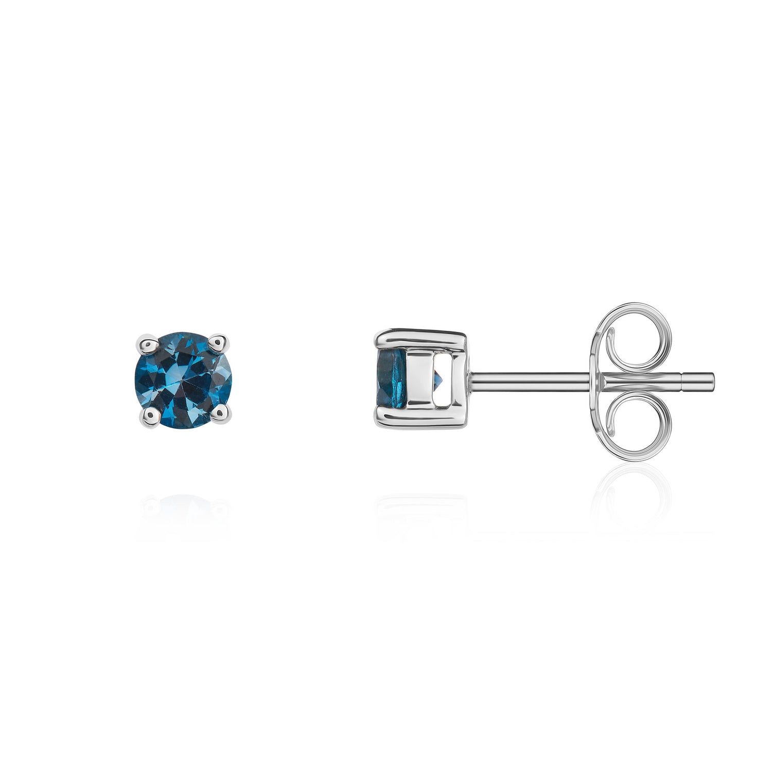9ct White Gold Round Natural London Blue Topaz Claw Stud Earrings — 4mm