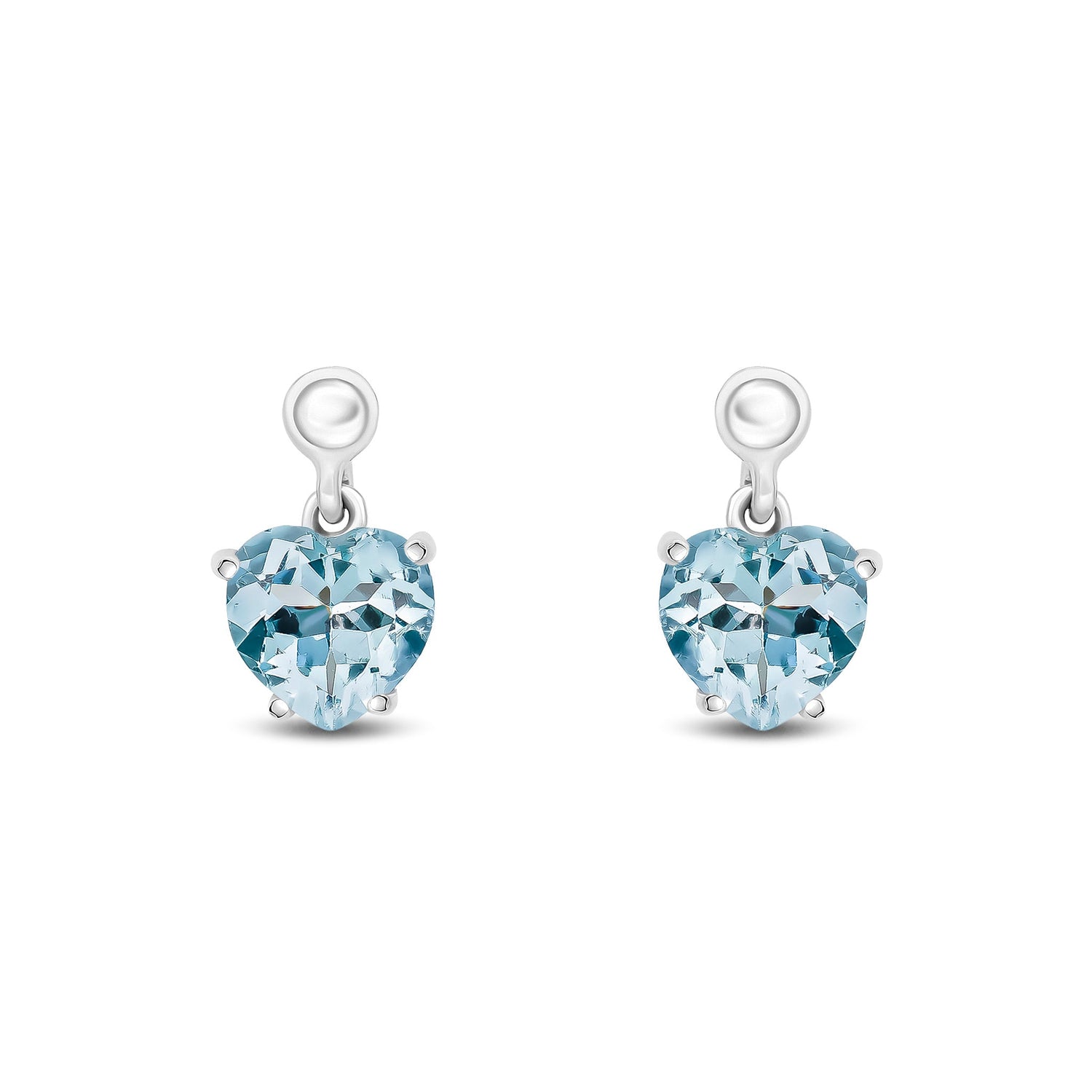 9ct White Gold Heart Shaped Natural Aquamarine Claw Drop Earrings with Bead Tops — 6mm