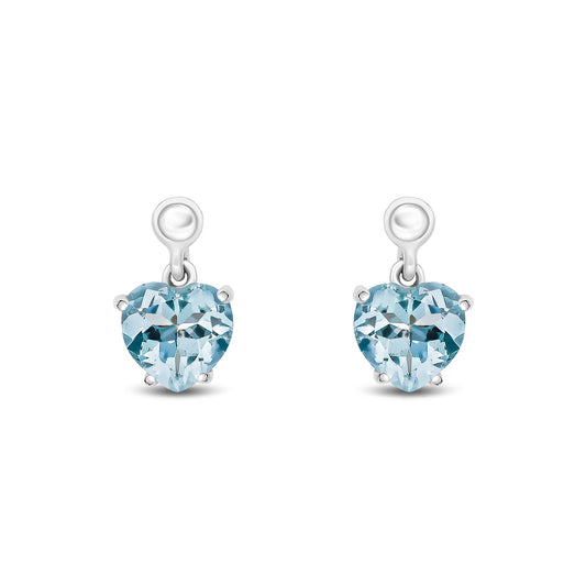 9ct White Gold Heart Shaped Natural Aquamarine Claw Drop Earrings with Bead Tops — 6mm