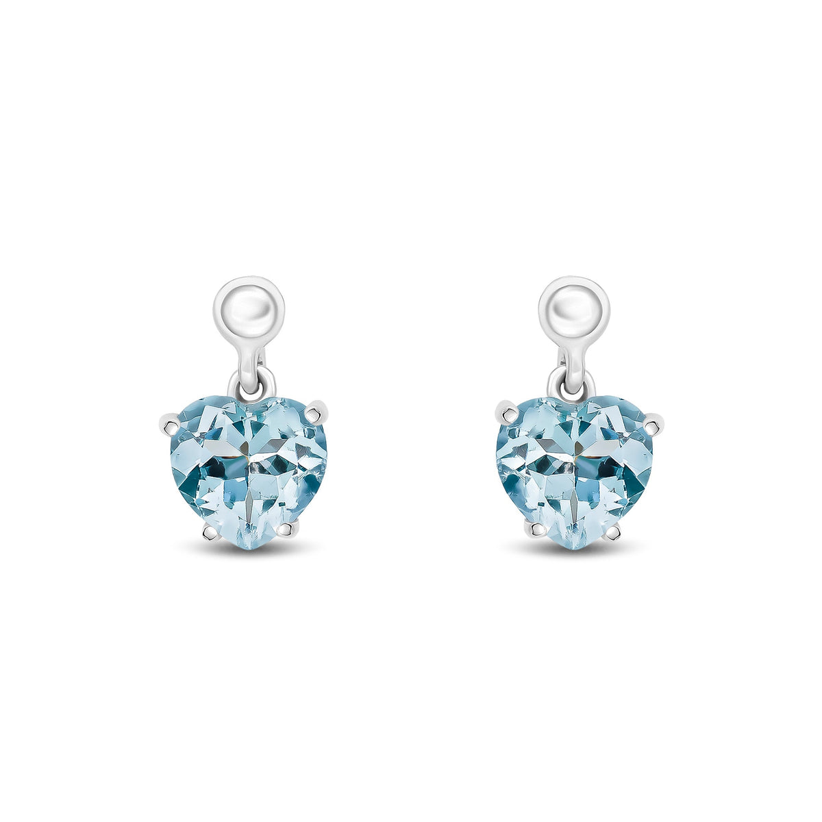 9ct White Gold Heart Shaped Natural Aquamarine Claw Drop Earrings with Bead Top — 6mm