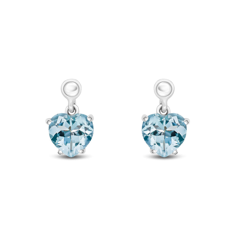 9ct White Gold Heart Shaped Natural Aquamarine Claw Drop Earrings with Bead Top — 6mm