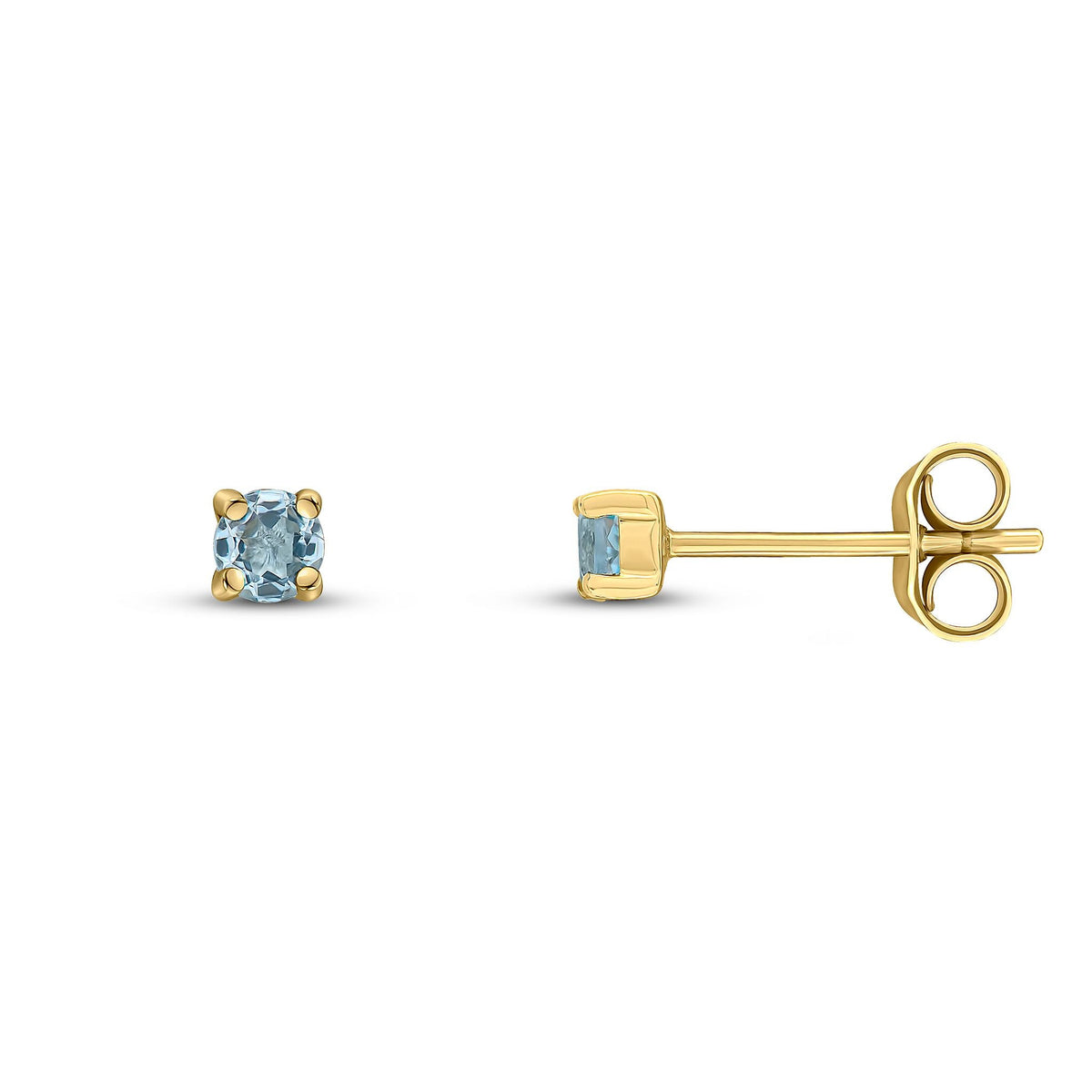 9ct Yellow Gold Round Natural Aquamarine Claw Stud Earrings — 3mm