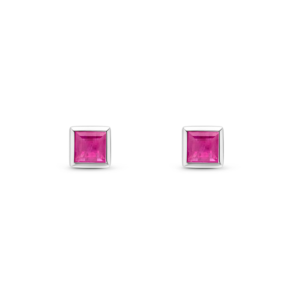 9ct White Gold Square Natural Ruby Rubover Stud Earrings — 3mm