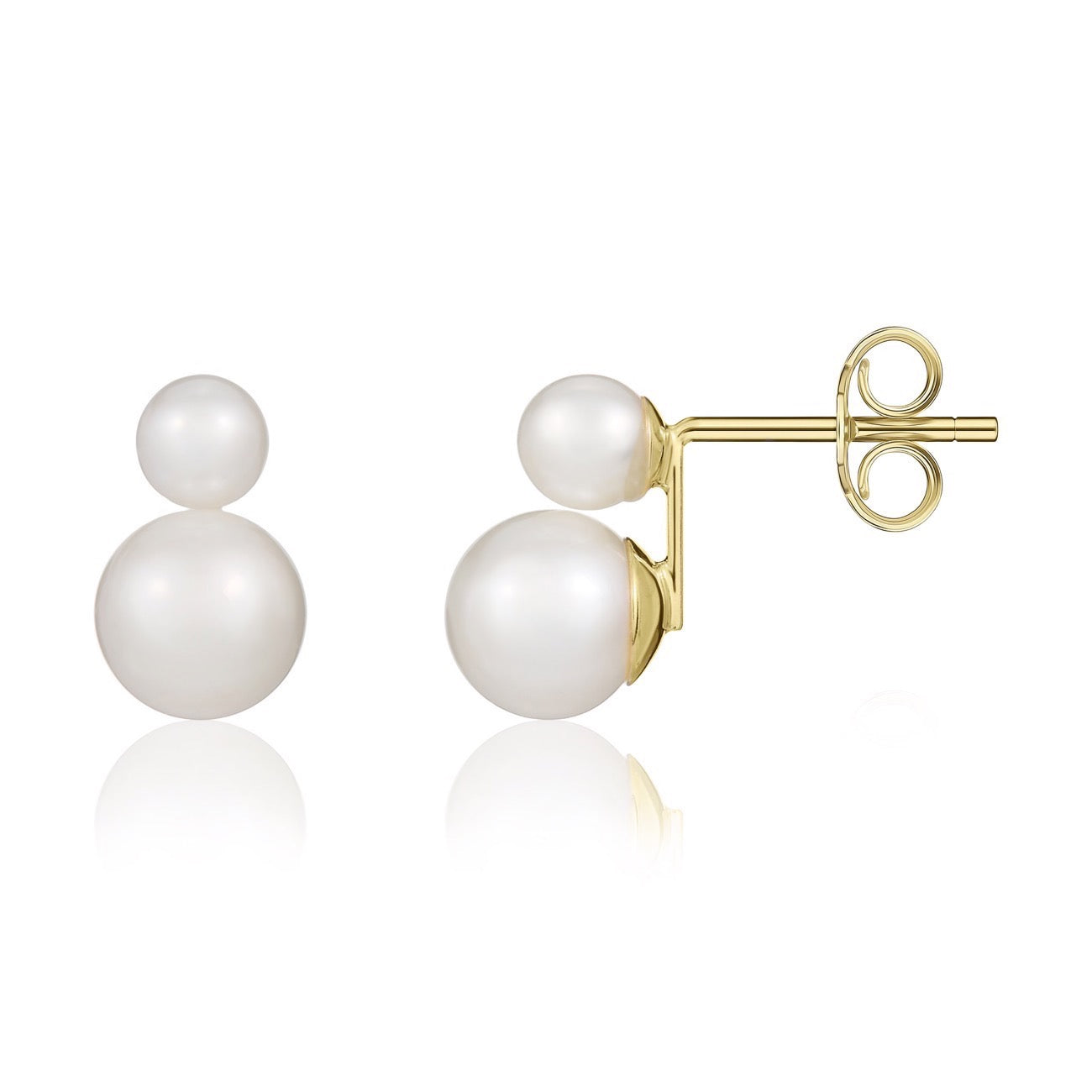 9ct Yellow Gold Freshwater Cultured Pearl Two Stone Stud Earrings– 4mm and 6mm