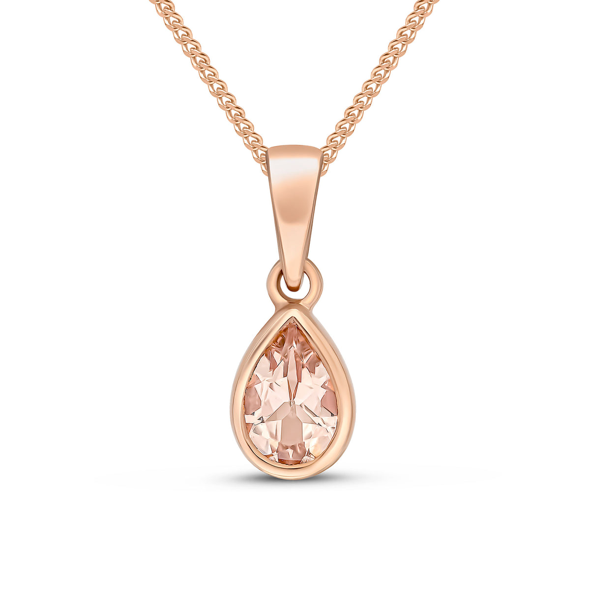 9ct Rose Gold Pear Shaped Natural Morganite Rubover Pendant — 6x4mm