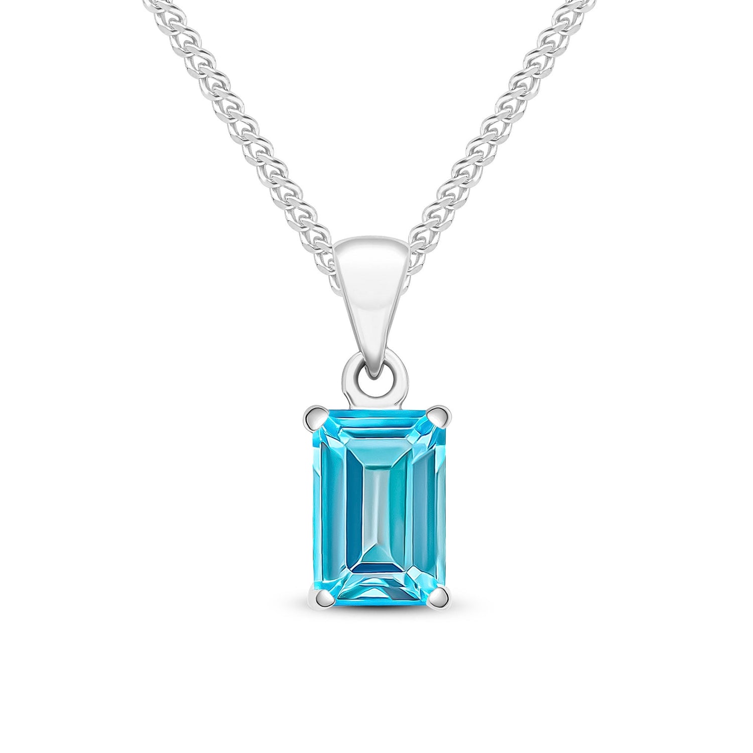 9ct White Gold Octagonal Emerald Cut Swiss Natural Blue Topaz Claw Pendant — 7x5mm
