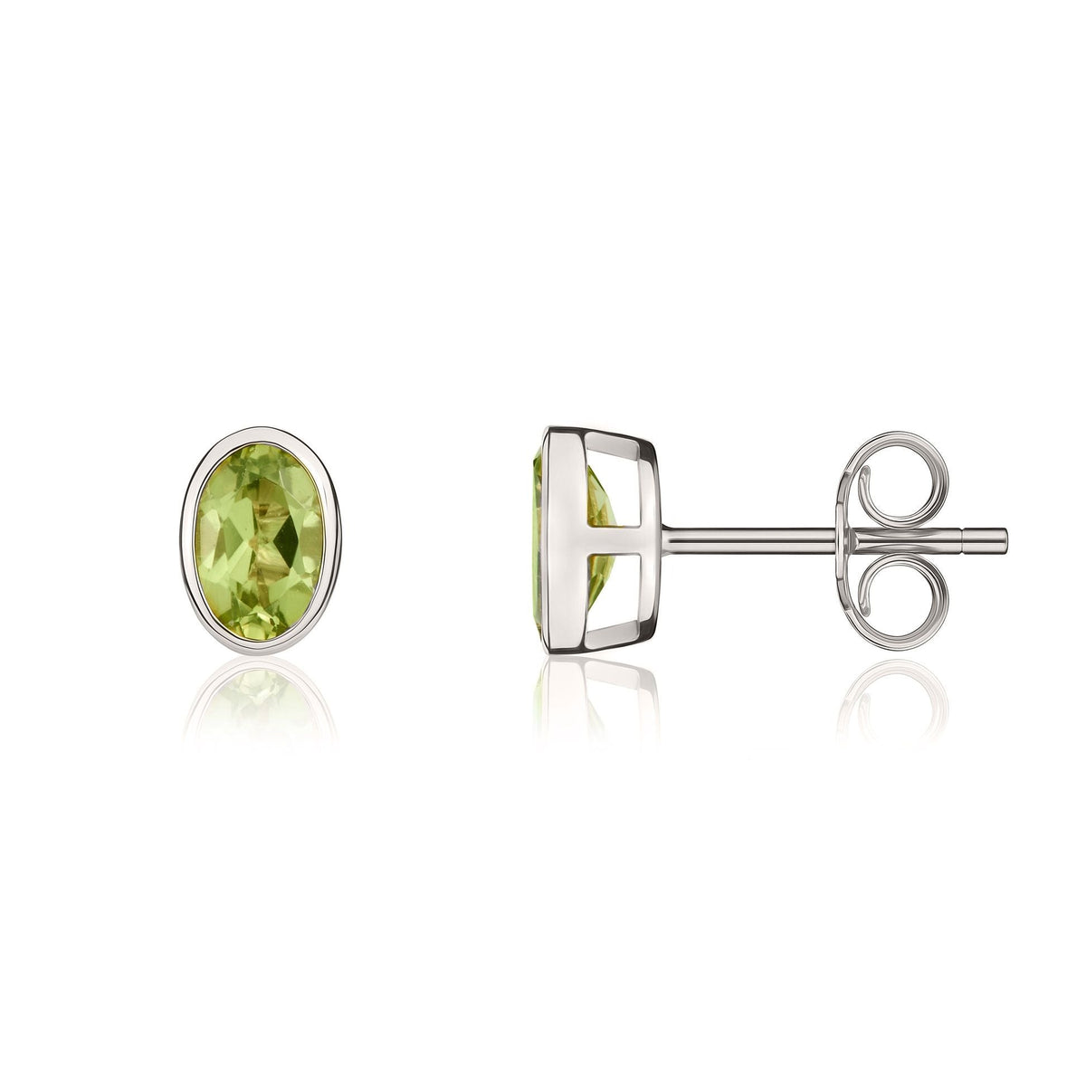 9ct White Gold Oval Natural Peridot Rubover Stud Earrings — 6x4mm