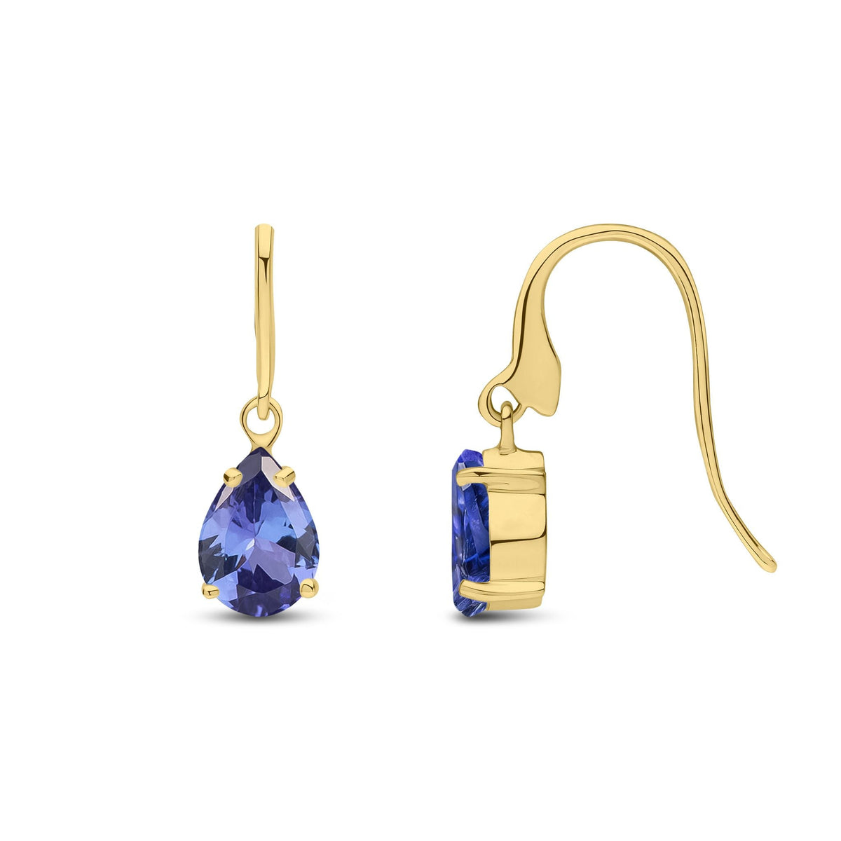 9ct Yellow Gold Pear Shaped Natural Tanzanite Claw Wire Hook Drop Earrings