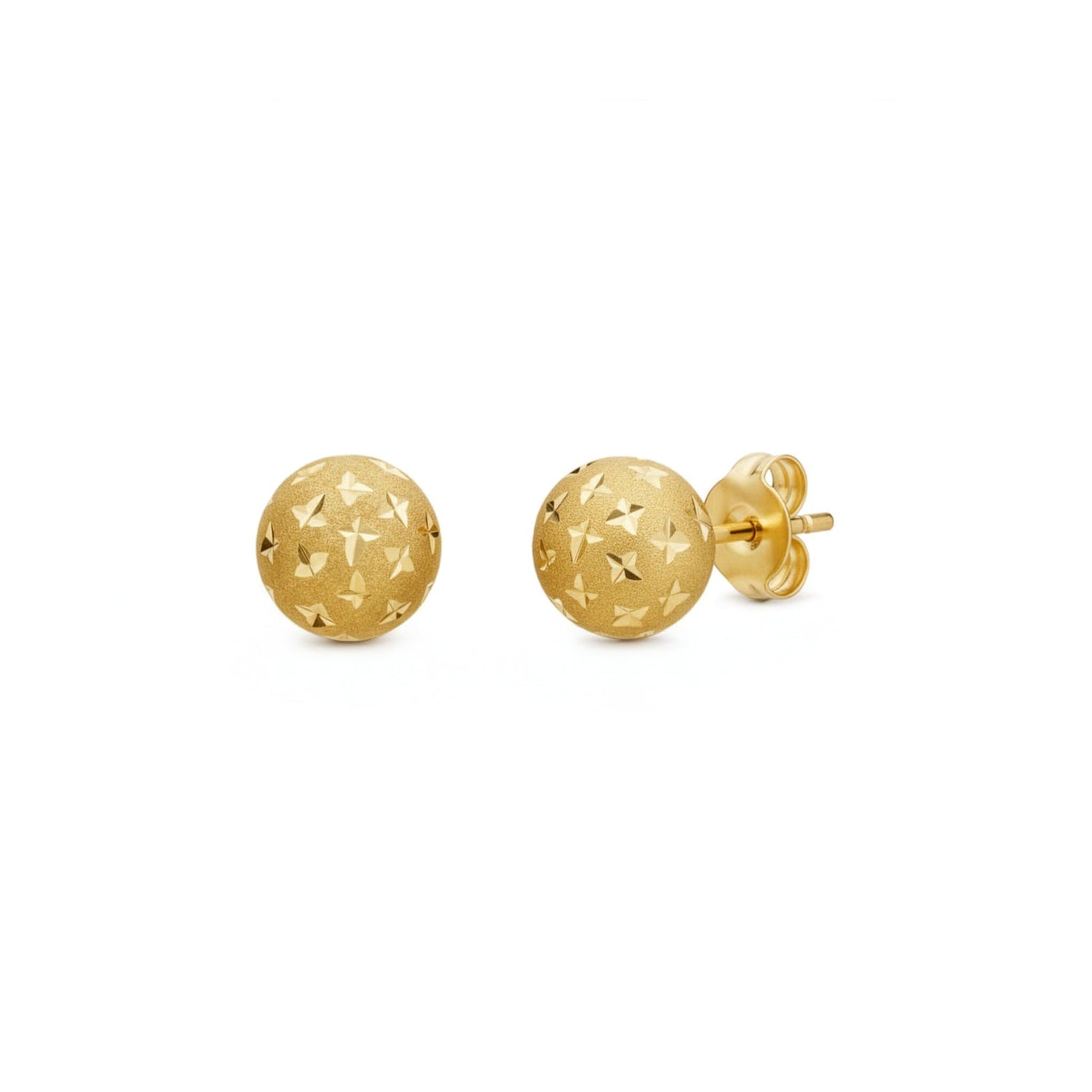 9ct Yellow Gold Satin Finish Ball Stud Earrings with Diamond Cut Stars — 7mm