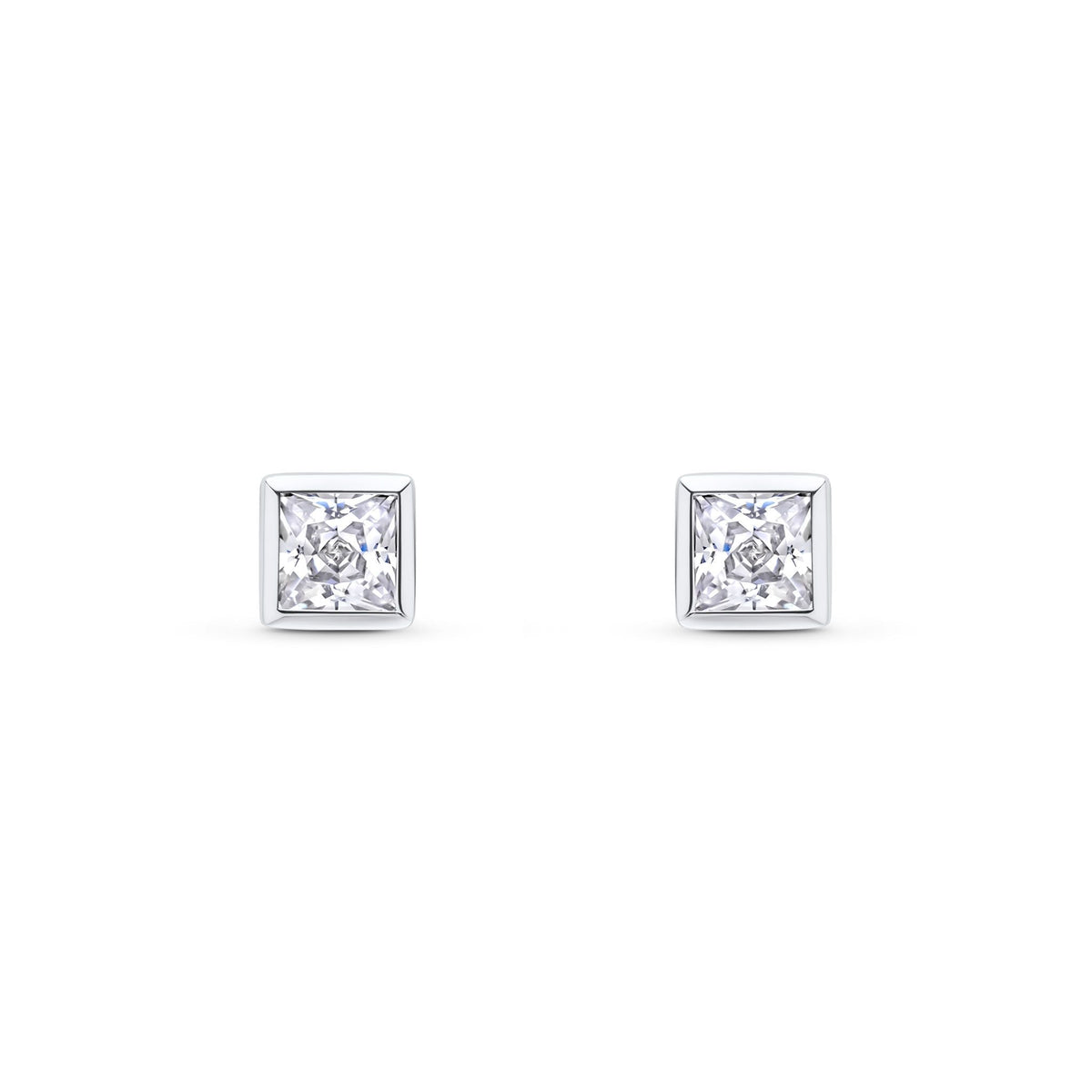 9ct White Gold Square Cubic Zirconia CZ Rubover Stud Earrings — 3mm