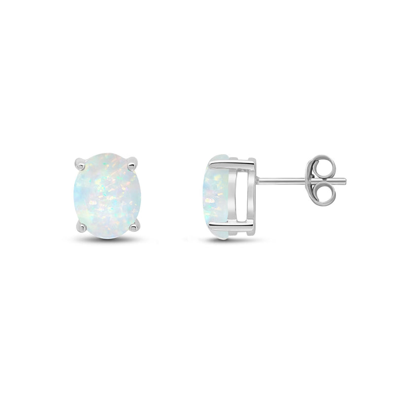 9ct White Gold Oval Natural Opal Claw Stud Earrings — 9x7mm