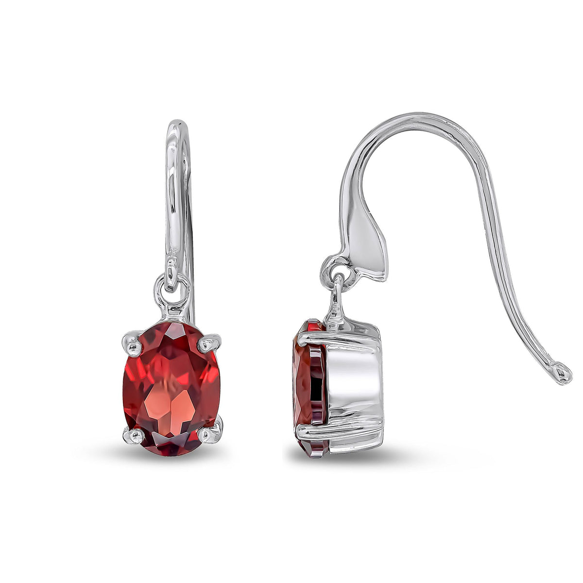 9ct White Gold Oval Natural Garnet Claw Hook Wire Drop Earrings — 7x5mm