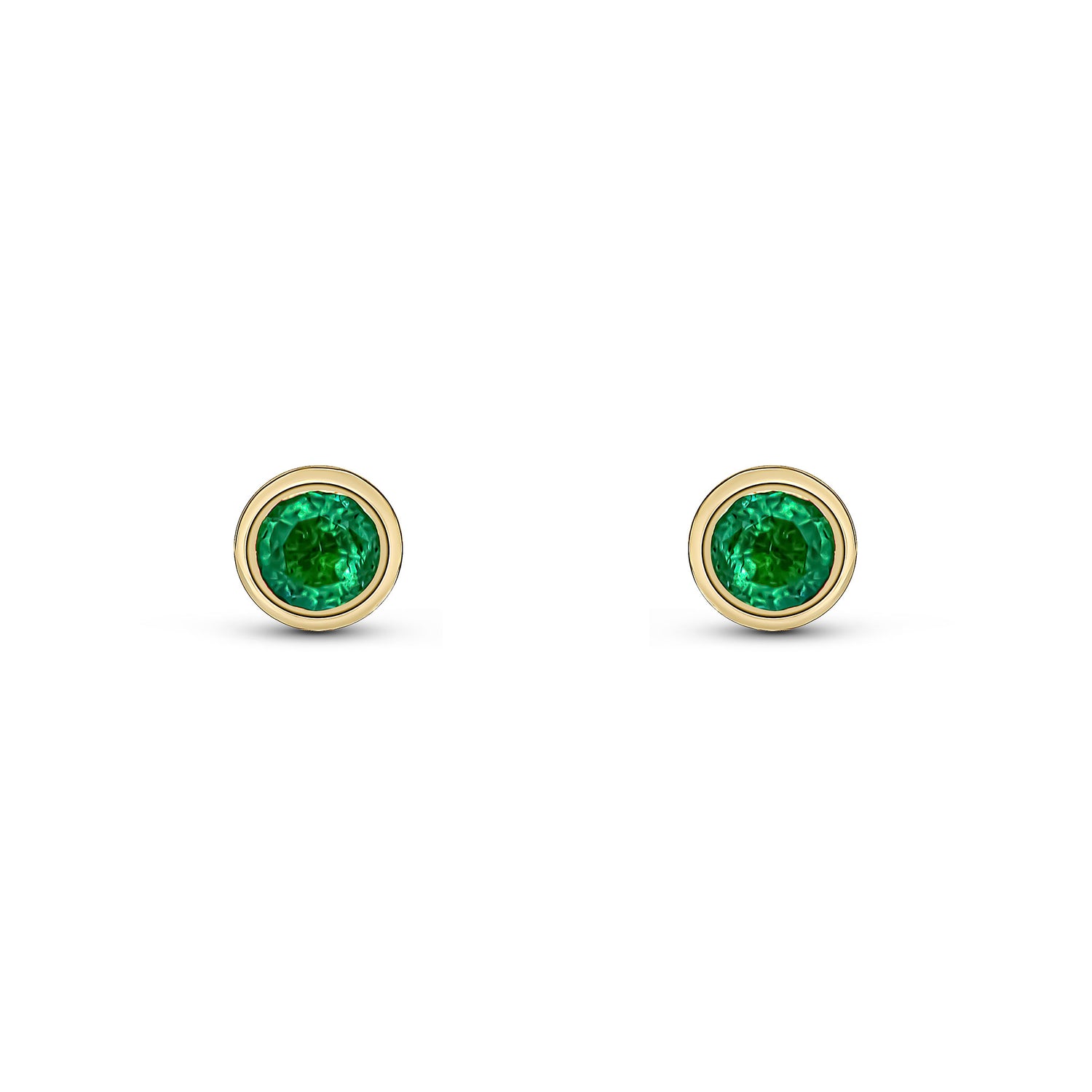 9ct Yellow Gold Round Natural Emerald Rubover Stud Earrings — 3mm