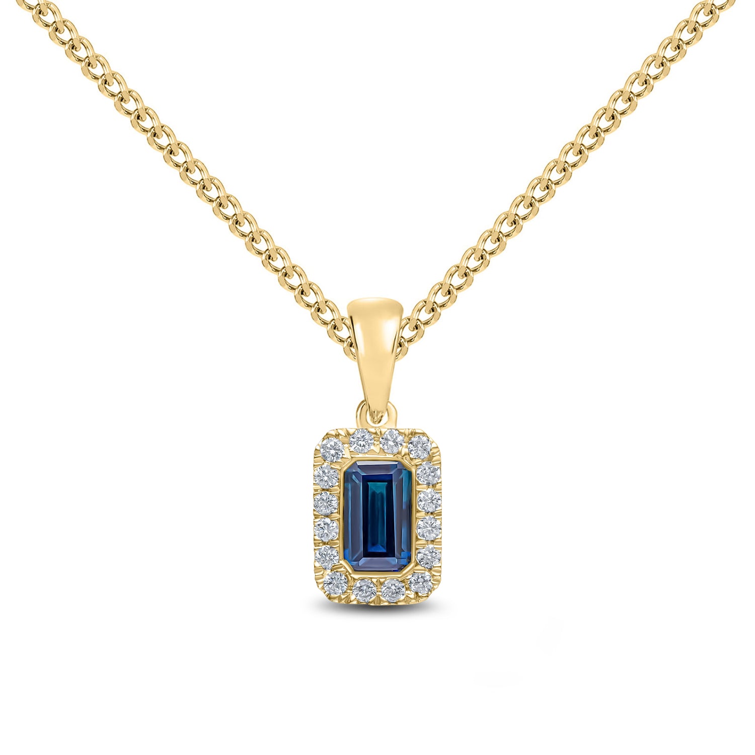 18ct Yellow Gold Octagonal Emerald Cut Natural Sapphire and Round Diamond Microset Cluster Pendant — 5x3mm
