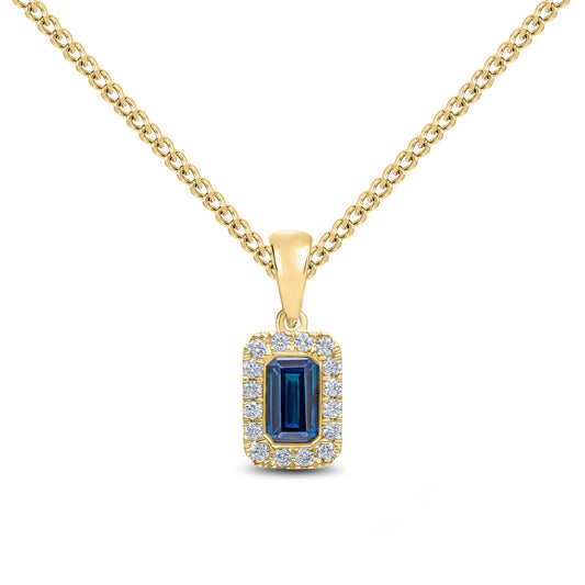 18ct Yellow Gold Octagonal Emerald Cut Natural Sapphire and Round Diamond Microset Cluster Pendant — 5x3mm