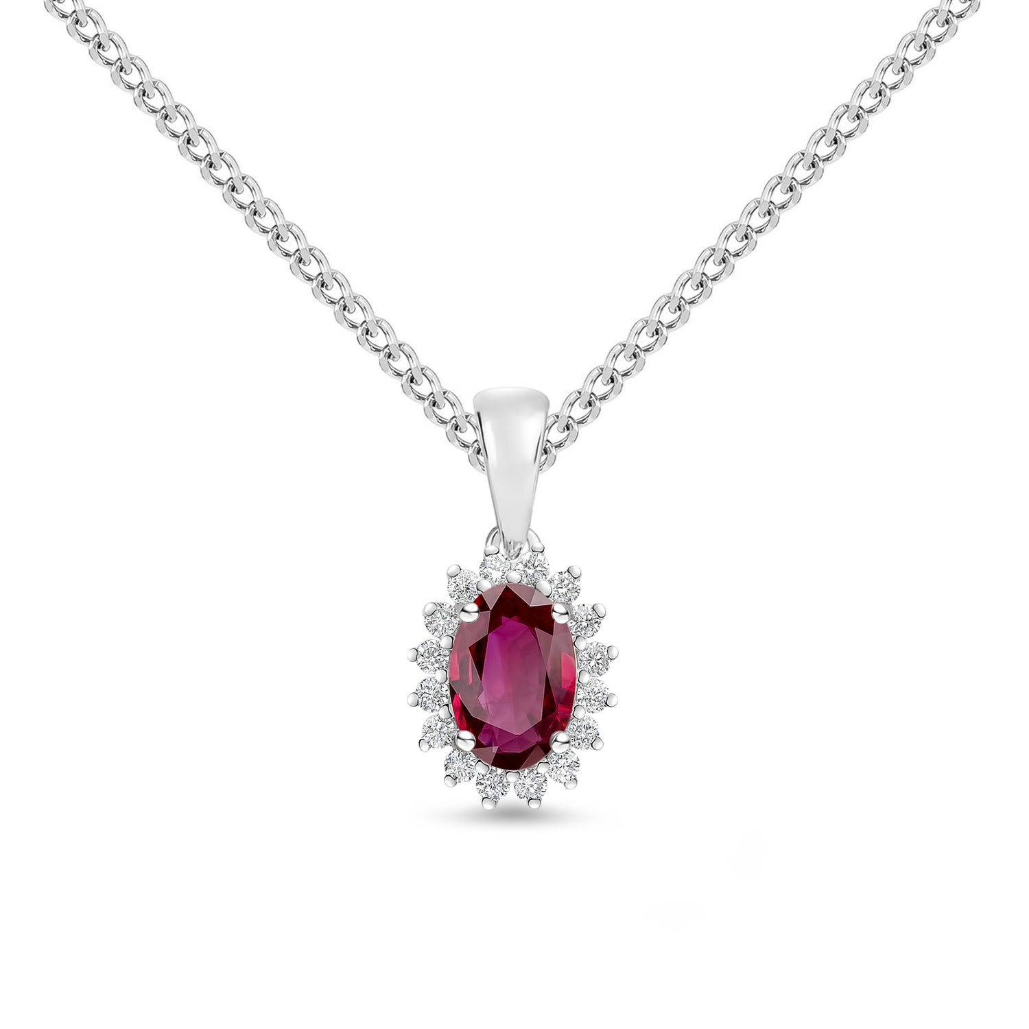 18ct White Gold Oval Natural Ruby and Round Diamond Claw Set Cluster Pendant — 6x4mm