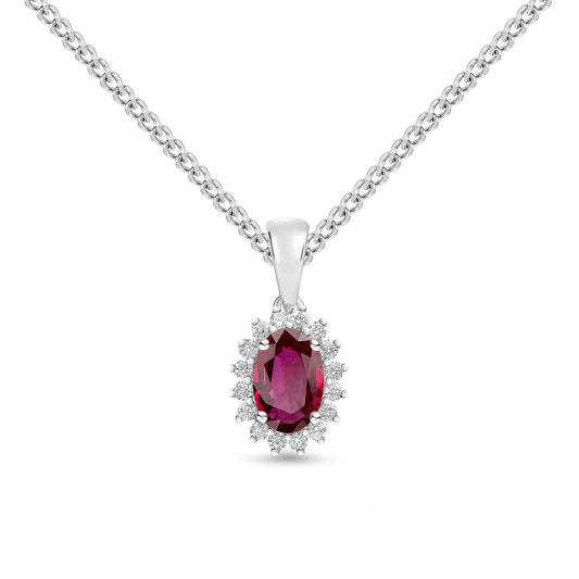 18ct White Gold Oval Natural Ruby and Round Diamond Claw Set Cluster Pendant — 6x4mm