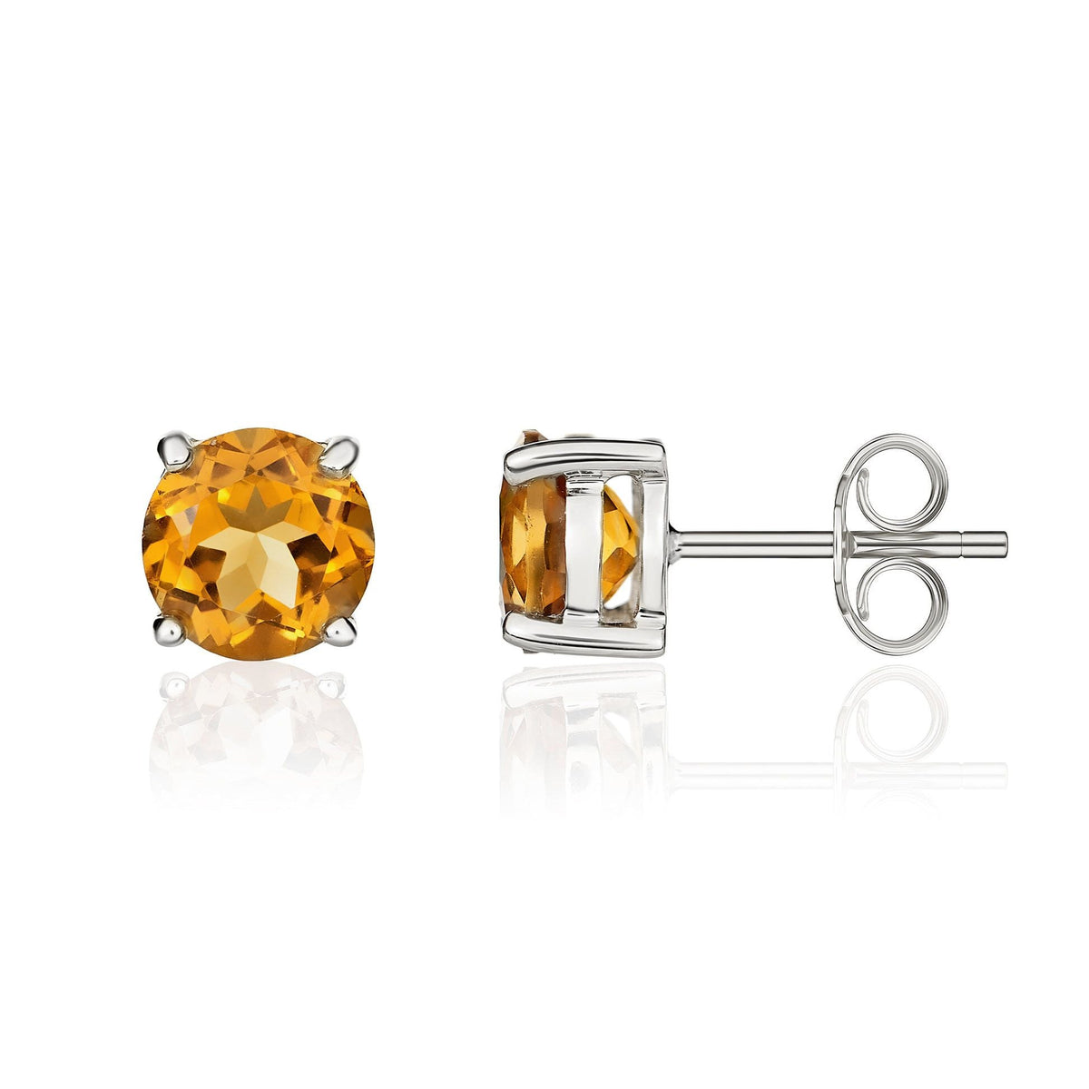 9ct White Gold Round Natural Citrine Claw Set Stud Earrings — 6mm