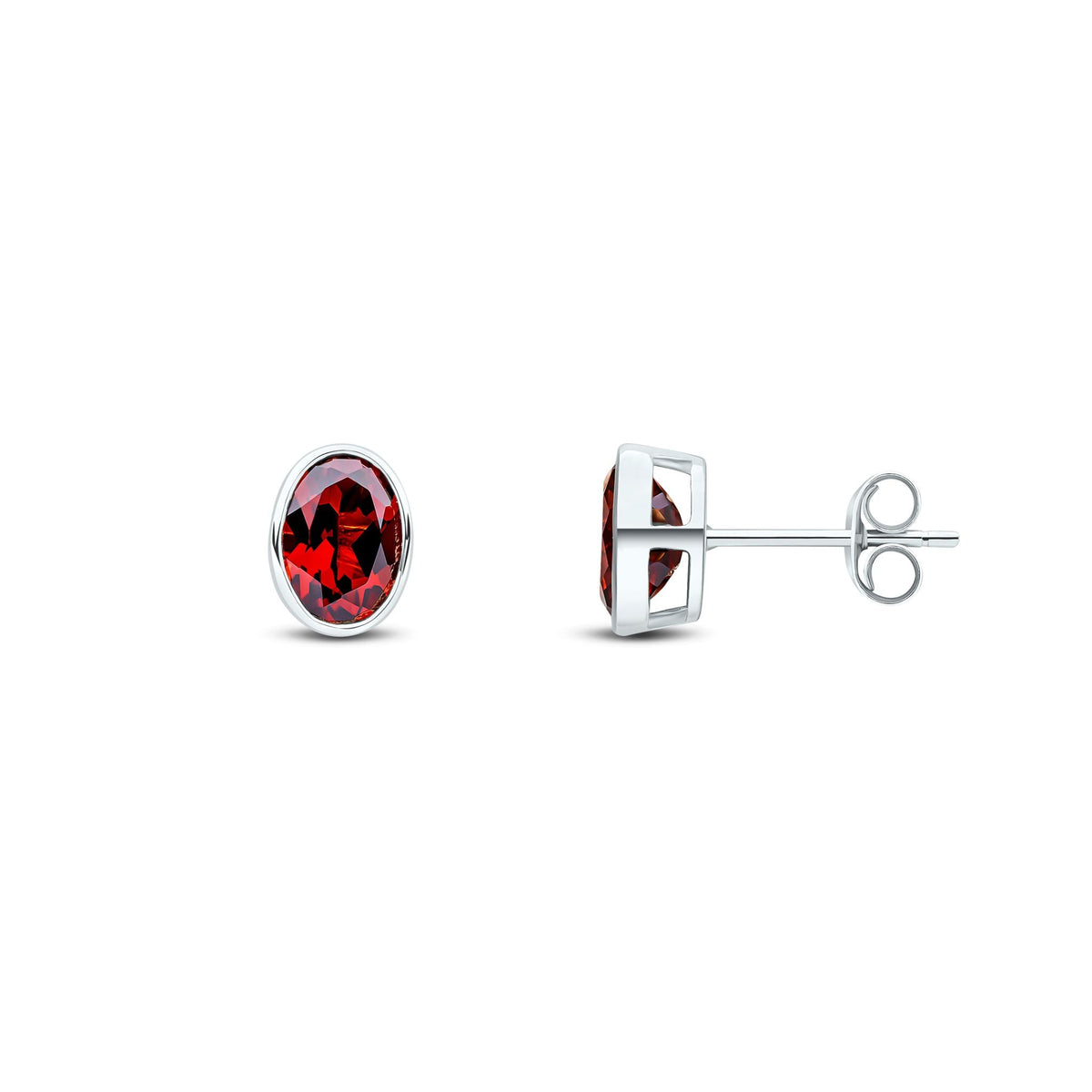 9ct White Gold Oval Natural Garnet Rubover Stud Earrings — 7x5mm