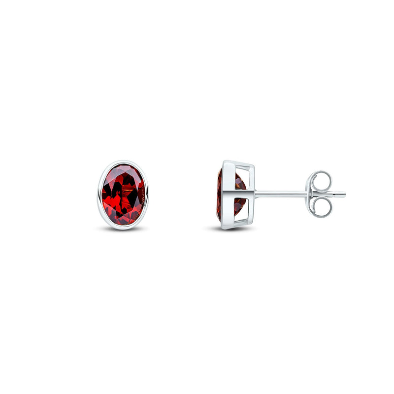 9ct White Gold Oval Natural Garnet Rubover Stud Earrings — 7x5mm