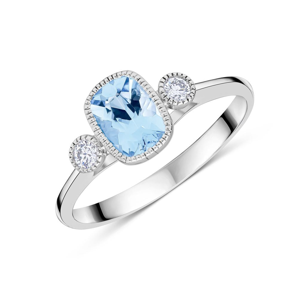 9ct White Gold Cushion Aquamarine & Round Diamond Millegrain Set Three Stone Ring — 7x5mm