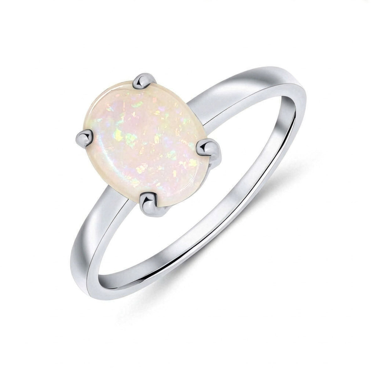 9ct White Gold Oval Natural Opal Claw Ring — 9x7mm