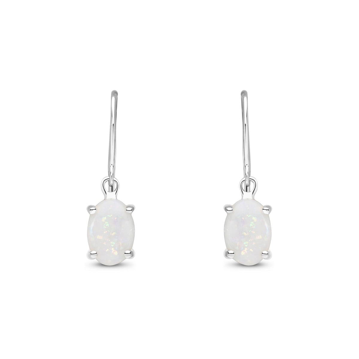 9ct White Gold Oval Natural Opal Claw Hook Wire Drop Earrings — 7x5mm