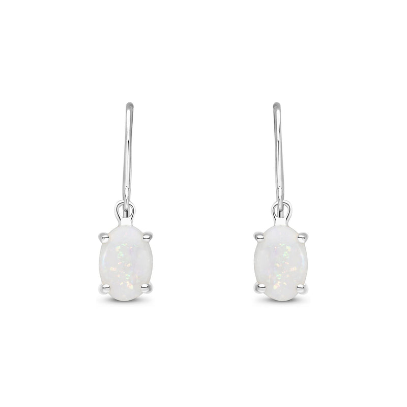 9ct White Gold Oval Natural Opal Claw Hook Wire Drop Earrings — 7x5mm