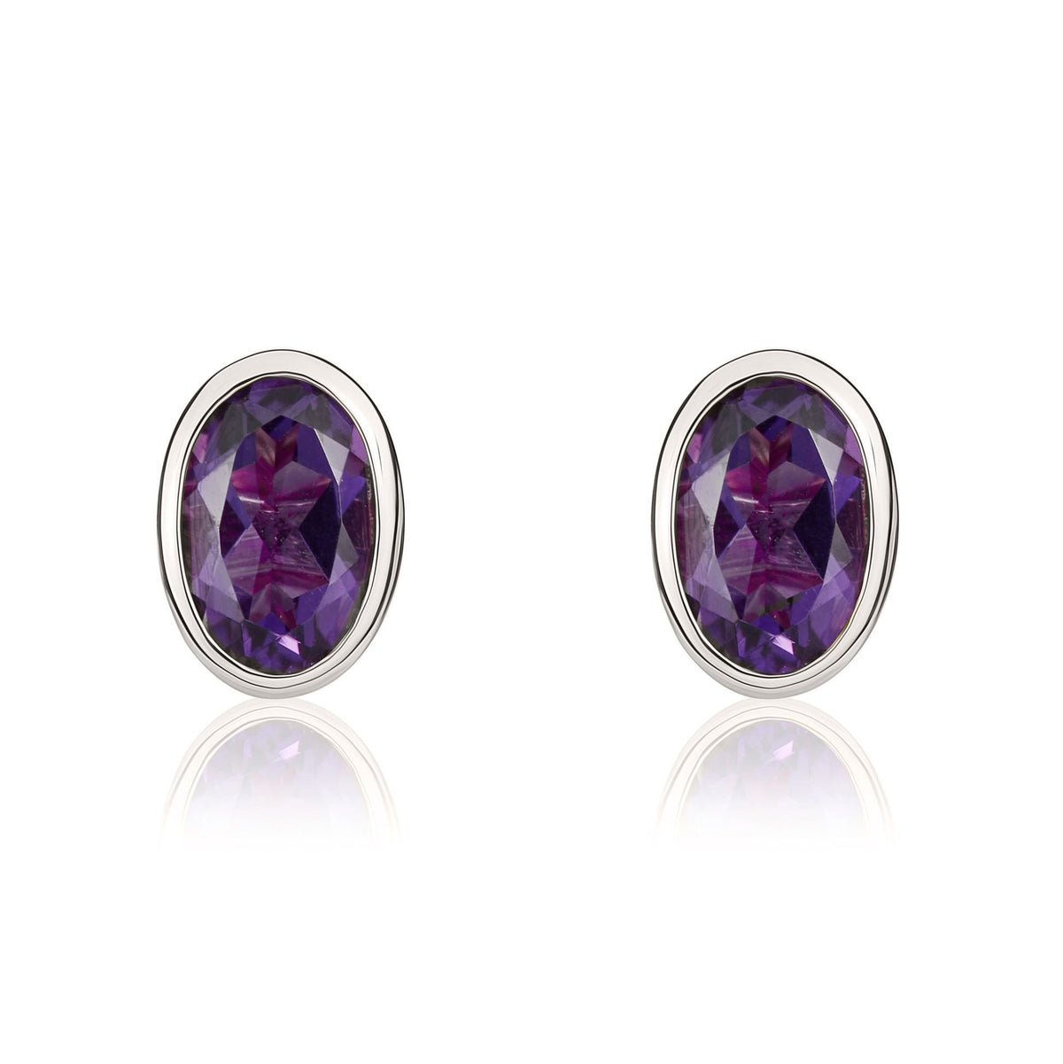 9ct White Gold Oval Natural Amethyst Rubover Stud Earrings — 6x4mm