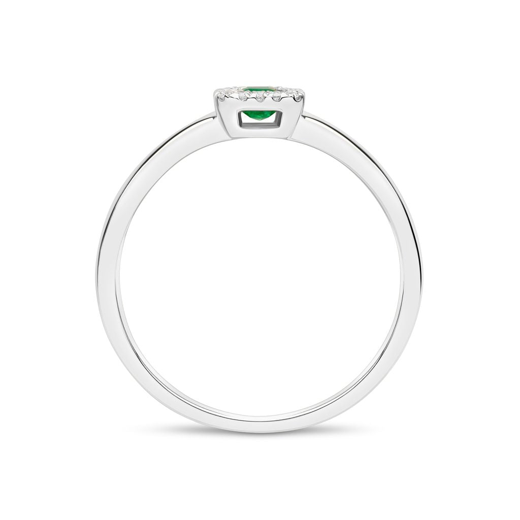 18ct White Gold Emerald Cut Emerald and Diamond Microset Cluster Ring — 5x3mm