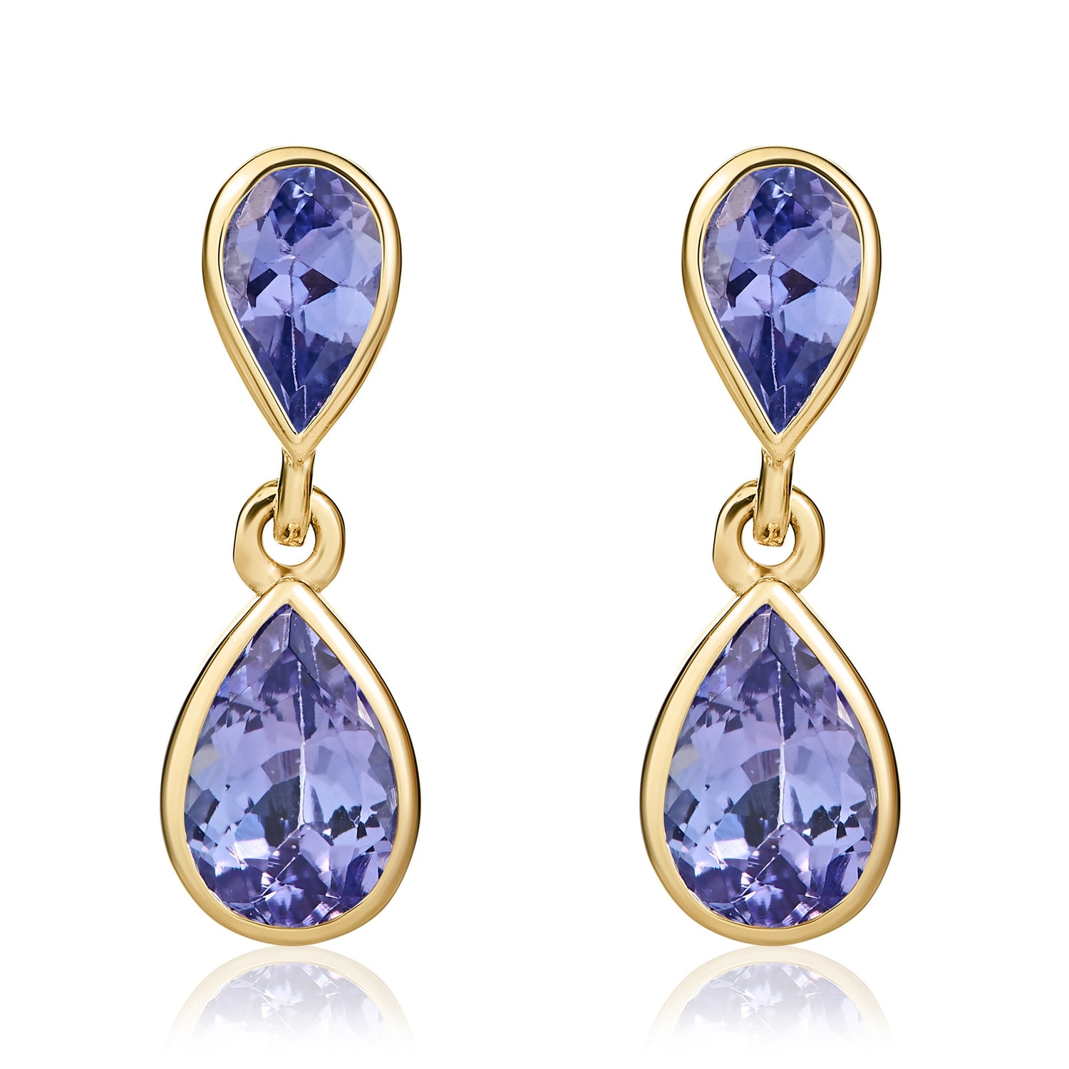 9ct Yellow Gold Pear Shaped Natural Tanzanite Two Stone Rubover Drop Earrings