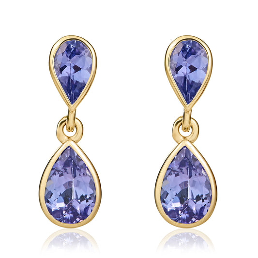 9ct Yellow Gold Pear Shaped Natural Tanzanite Two Stone Rubover Drop Earrings