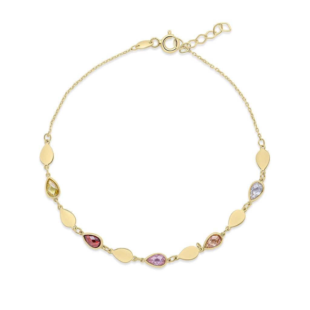 9ct Yellow Gold Multi-Coloured Cubic Zirconia CZ Pear Station Bracelet