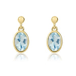 9ct Yellow Gold Oval Natural Aquamarine Rubover Drop Earrings — 6x4mm