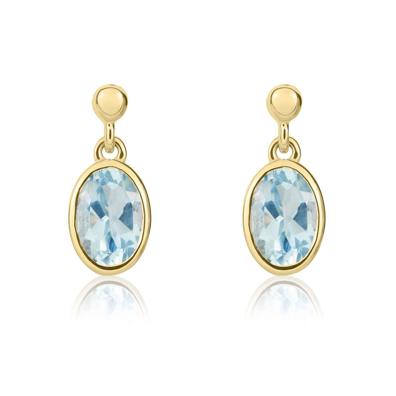 9ct Yellow Gold Oval Natural Aquamarine Rubover Drop Earrings — 6x4mm