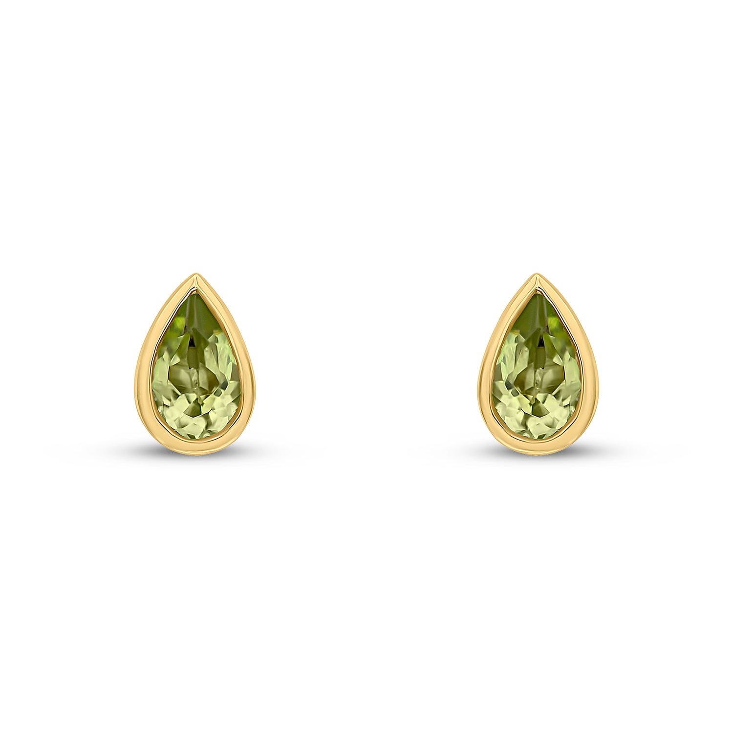 9ct Yellow Gold Pear Shaped Natural Peridot Rubover Stud Earrings — 5x3mm