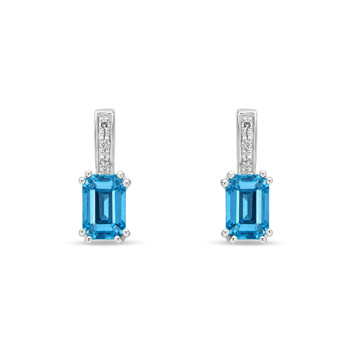 9ct White Gold Octagonal Natural Swiss Blue Topaz & Diamond Drop Earrings — 6x4mm