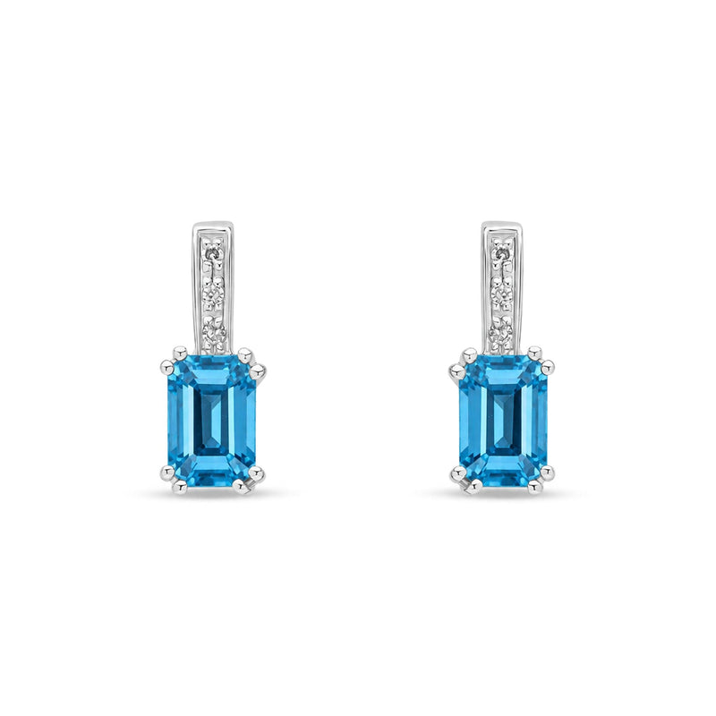 9ct White Gold Octagonal Natural Swiss Blue Topaz & Diamond Drop Earrings — 6x4mm