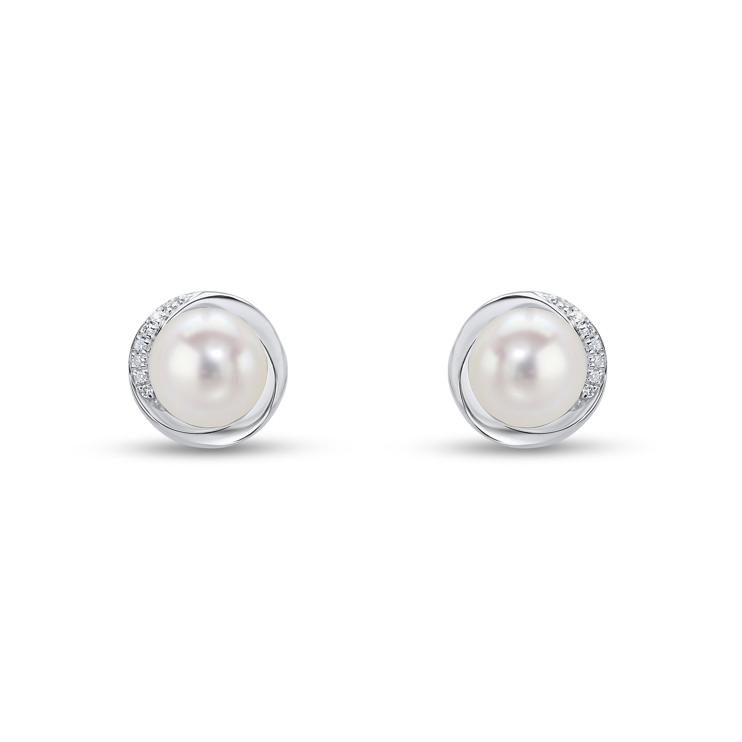 18ct White Gold Natural Pearl and Round Diamond Wavy Border Stud Earrings — 17mm