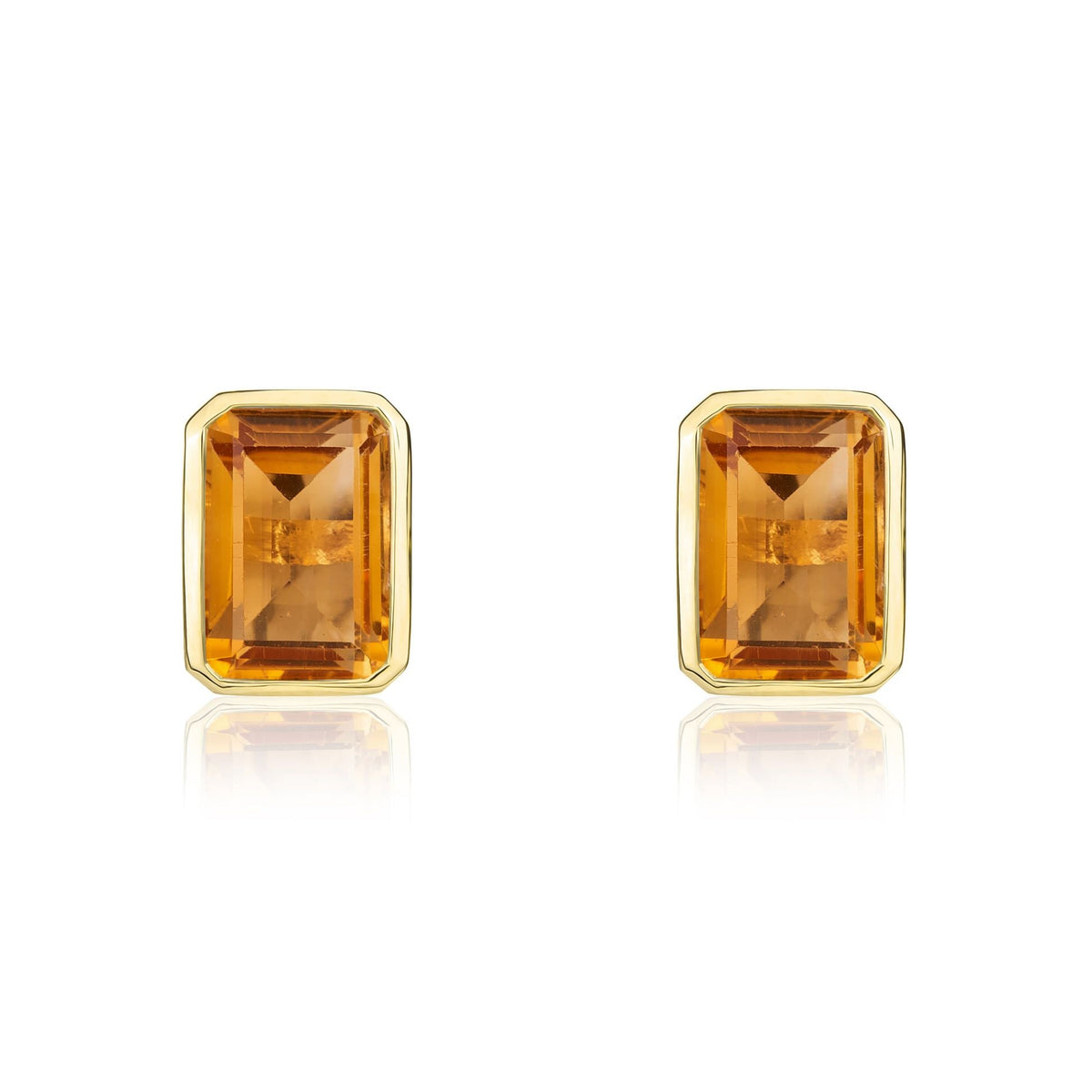 9ct Yellow Gold Octagonal Emerald Cut Natural Citrine Rubover Stud Earrings — 7x5mm