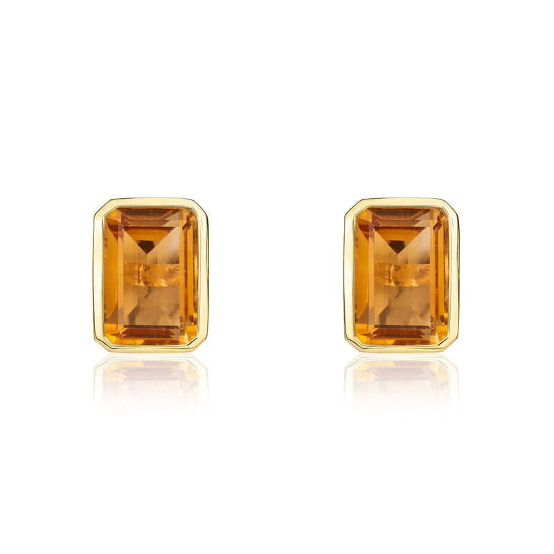 9ct Yellow Gold Octagonal Emerald Cut Natural Citrine Rubover Stud Earrings — 7x5mm