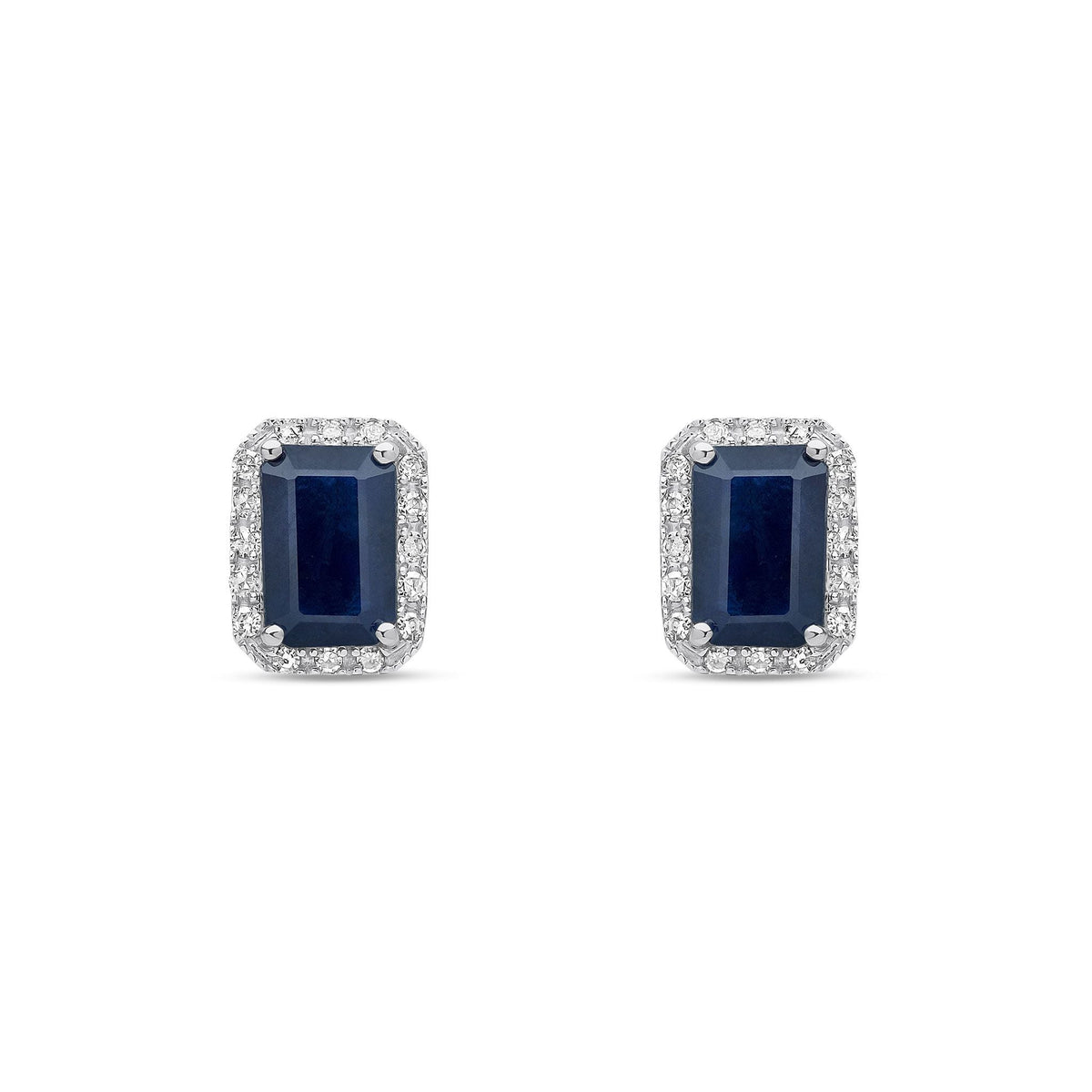 18ct White Gold Octagonal Natural Sapphire & Diamond Cluster Stud Earrings — 6x4mm