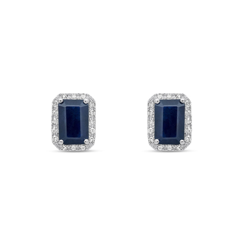 18ct White Gold Octagonal Natural Sapphire & Diamond Cluster Stud Earrings — 6x4mm