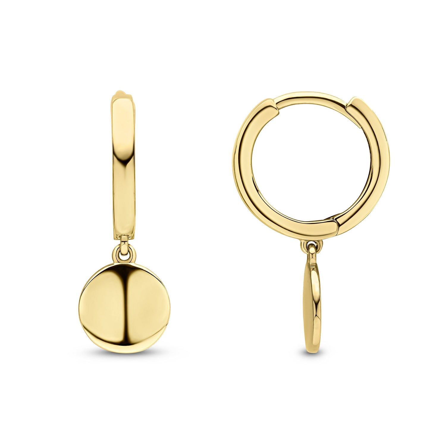 9CT Yellow Gold Squared Tube Hinged Hoop Earrings with Polished Disc Drop — 17mm