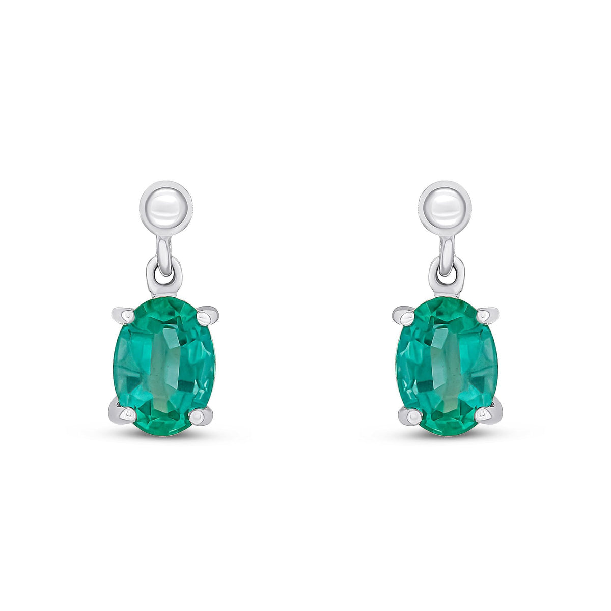 9ct White Gold Oval Natural Emerald Drop Earrings — 7x5mm